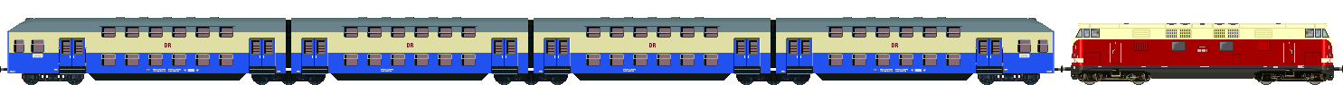 DR double decker jointed coaches DBv (former DB 13) in paint for the suburb railway of Rostock